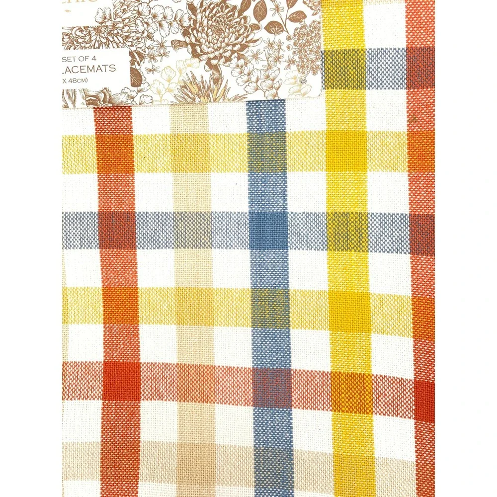 Shabby Chic Placemats (4) 13x19 Pumpkin Plaid Cotton Reversible Thanksgiving